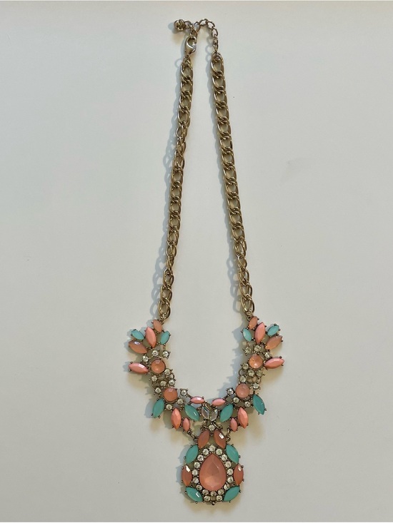 Jewelry - Gold Tone Chain Statement Necklace with Pink and Aqua Gemstones